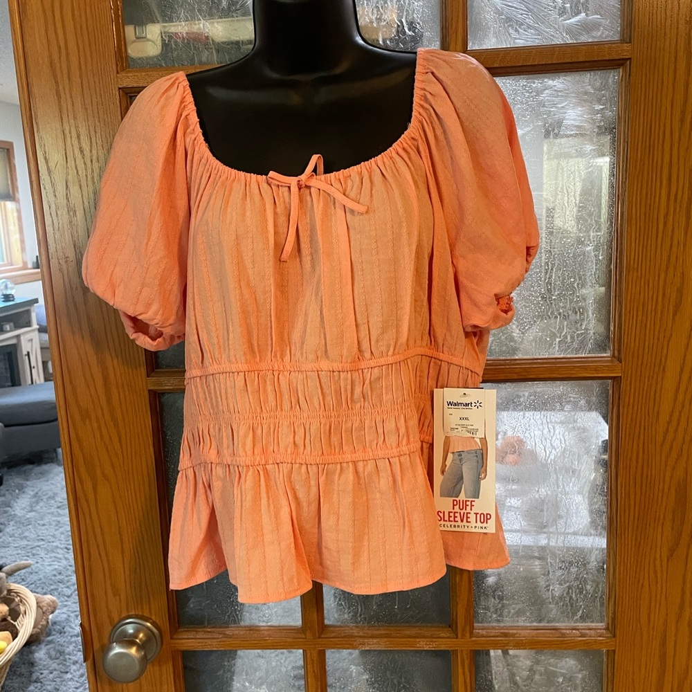 Celebrity Pink Coral Puff Sleeve Peplum Blouse - Picture 1 of 4